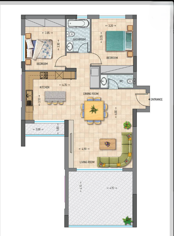 two beds floor plan