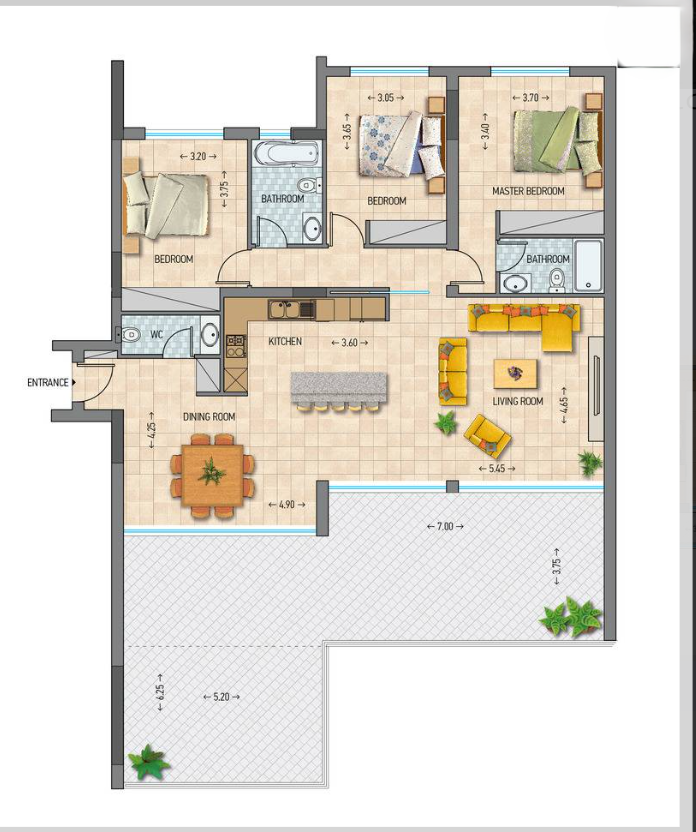 three beds floor plan